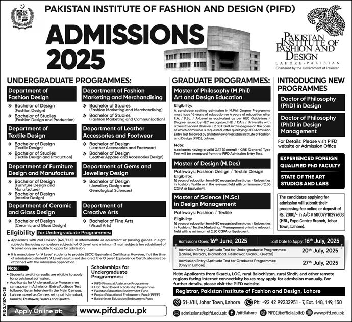 Admission Open in Pakistan Institute of Fashion Design Lahore